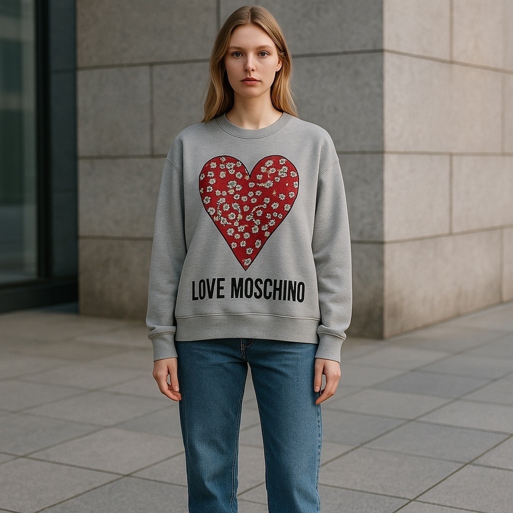 LOVE MOSCHINO Mélange French Cotton Terry Sweatshirt Heart Logo 6 Light Gray